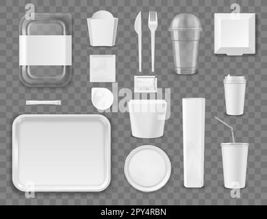 Maquettes vectorielles pour les emballages de restauration rapide, boîte contenant, sac et tasse. Carton à emporter pour aliments rapides, emballage des maquettes réalistes de jetables Illustration de Vecteur