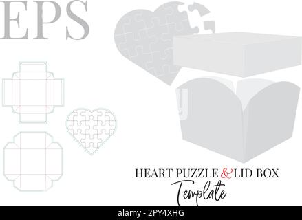 Boîte avec couvercle et puzzle en forme de coeur, modèle. Vecteur avec calques de découpe. Maquette de boîte à couvercle carré blanc, transparent, vierge et isolé sur fond blanc avec pers Illustration de Vecteur