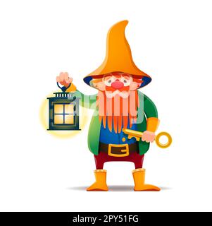 Gnome de dessin animé ou personnage nain avec lanterne et clé. Midget de jardin ou gnome de conte de fées isolé vecteur mignon personnage. Porte-clés nain fée drôle p Illustration de Vecteur