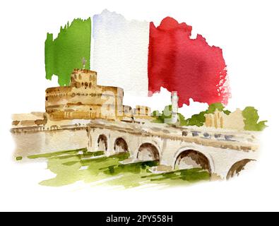 Illustration aquarelle de Rome, Italie, panorama dessiné à la main du Tibre, pont et ancienne forteresse avec drapeau de l'Italie. Banque D'Images