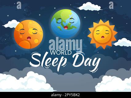 Journée mondiale du sommeil sur 17 mars Illustration avec des personnes dormant et planète Terre dans le ciel Backgrounds dessin main pour les modèles de page d'arrivée Banque D'Images