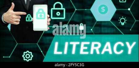 Écriture affichage de la littératie de texte. Aperçu de l'entreprise capacité à lire et écrire des compétences ou des connaissances dans un domaine spécifique Banque D'Images