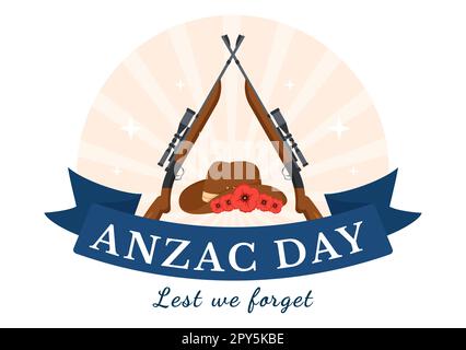 Anzac Day of Lest We Forget Illustration avec le soldat du souvenir en train de payer le respect et la fleur de coquelicot rouge en main plate dessinée pour les modèles de page d'arrivée Banque D'Images