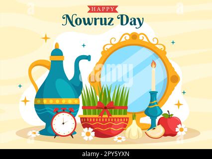 Happy Nowruz Day ou illustration iranienne du nouvel an avec Grass Semeni et Fish for Web Banner ou Landing page dans Flat Cartoon modèles dessinés à la main Banque D'Images