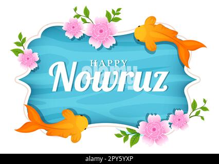 Happy Nowruz Day ou illustration iranienne du nouvel an avec Grass Semeni et Fish for Web Banner ou Landing page dans Flat Cartoon modèles dessinés à la main Banque D'Images