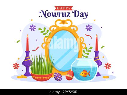 Happy Nowruz Day ou illustration iranienne du nouvel an avec Grass Semeni et Fish for Web Banner ou Landing page dans Flat Cartoon modèles dessinés à la main Banque D'Images