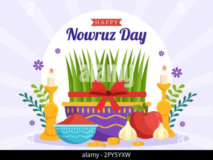 Happy Nowruz Day ou illustration iranienne du nouvel an avec Grass Semeni et Fish for Web Banner ou Landing page dans Flat Cartoon modèles dessinés à la main Banque D'Images