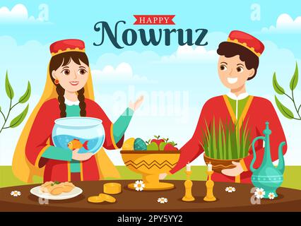 Happy Nowruz Day ou illustration iranienne du nouvel an avec Grass Semeni et Fish for Web Banner ou Landing page dans Flat Cartoon modèles dessinés à la main Banque D'Images