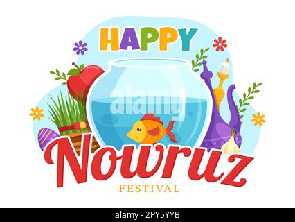 Happy Nowruz Day ou illustration iranienne du nouvel an avec Grass Semeni et Fish for Web Banner ou Landing page dans Flat Cartoon modèles dessinés à la main Banque D'Images