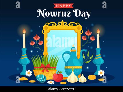 Happy Nowruz Day ou illustration iranienne du nouvel an avec Grass Semeni et Fish for Web Banner ou Landing page dans Flat Cartoon modèles dessinés à la main Banque D'Images