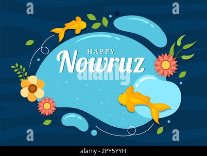 Happy Nowruz Day ou illustration iranienne du nouvel an avec Grass Semeni et Fish for Web Banner ou Landing page dans Flat Cartoon modèles dessinés à la main Banque D'Images