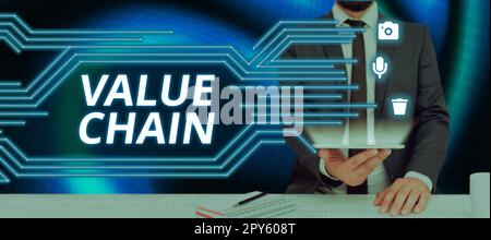 Signe de texte indiquant la chaîne de valeur. Approche commerciale processus de fabrication commerciale analyse du développement industriel Banque D'Images
