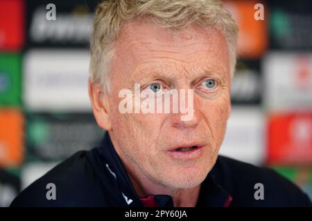 Photo du dossier en date du 19-04-2023 du directeur de West Ham United David Moyes qui a comparé Erling Haaland à une machine alors que West Ham se prépare à tenir à distance l'attaquant de Manchester City, qui a obtenu un record, mercredi, dans la Premier League. Date de publication : mercredi 3 mai 2023. Banque D'Images