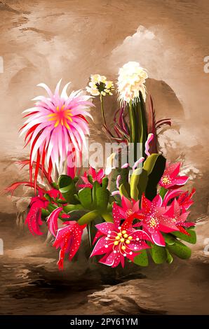 Cactus et succulents fleuris sur un fond abstrait de pierres. Plantes à fleurs dans le désert mexicain. Banque D'Images