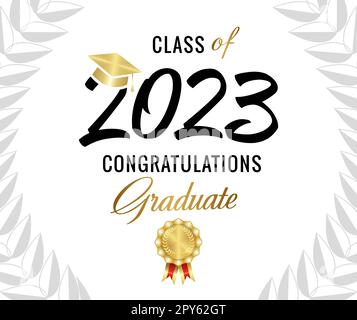 Bannière de classe 2023. Modèle de certificat ou de diplôme. Numéro de style manuscrit 20 23, médaille d'or, cadre de paume. Concept typographique Illustration de Vecteur