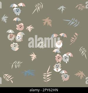 chiots de pomeranian volant sur des parasols colorés sans couture modèle sans arrière-plan Banque D'Images