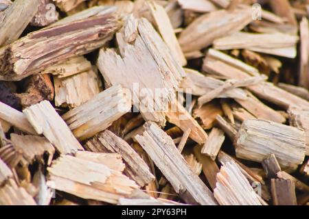 Beaucoup de copeaux de bois comme arrière-plan en bois en gros plan montre les ressources renouvelables et les matériaux durables avec des copeaux de bois et des coupes de bois recyclage pour les terrains de jeux et les matériaux de chauffage de pastilles Banque D'Images