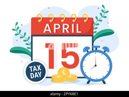 Illustration du jour d'imposition avec le formulaire du presse-papiers, l'horloge, le calendrier et les pièces d'argent pour la bannière Web ou la page de renvoi dans les modèles tirés à la main de dessin animé à plat Banque D'Images