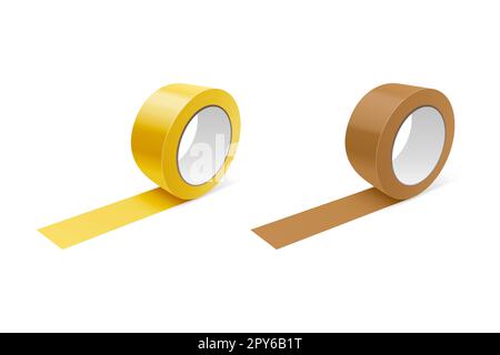 Vector 3D Realistic Glossy jaune et Brown Tape Roll Icon Set, maquette de gros plan isolée sur fond blanc. Modèle de conception de ruban adhésif d'emballage Banque D'Images