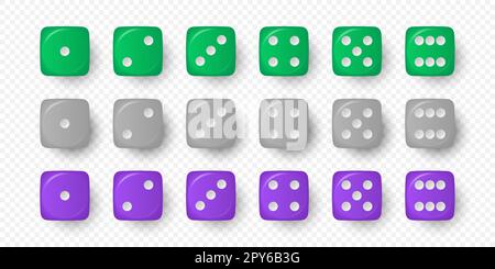 Vector 3D Realistic Green, Grey and Purple jeu Dice Icon Set gros plan isolé sur fond blanc. Cubes de jeu pour le jeu, Casino dés de un à Banque D'Images