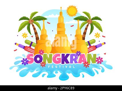 Happy Songkran Festival Day Illustration avec jouer au pistolet à eau en Thaïlande Celebration en Flat Cartoon dessiné à la main pour les modèles de page d'arrivée Banque D'Images