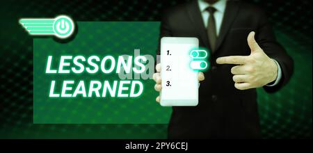 Texte montrant les leçons d'inspiration apprises. Présentation de l'entreprise promouvoir le partage et l'utilisation des connaissances issues de l'expérience Banque D'Images