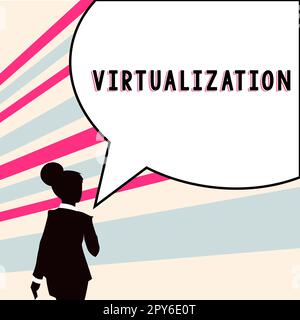 Affiche affichant la virtualisation. Mot écrit sur l'application de l'environnement virtuel aux jeux informatiques Banque D'Images