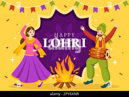 Happy Lohri Festival of Punjab India Illustration avec jouer de la danse et de la célébration Bonfire en Flat Cartoon dessiné à la main pour Landing page Templates Banque D'Images