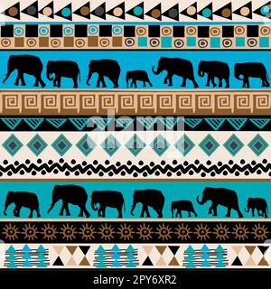 Modèle ethnique tribal avec silhouettes d'éléphants et symboles traditionnels Banque D'Images