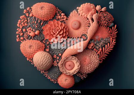 Couleur corail vivant de l'année 2019. Forme de coeur fait de fleurs. Le jour de la Saint-Valentin. Palette de couleurs. Love fashion Banque D'Images