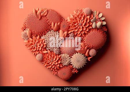 Couleur corail vivant de l'année 2019. Forme de coeur fait de fleurs. Le jour de la Saint-Valentin. Palette de couleurs. Love fashion Banque D'Images