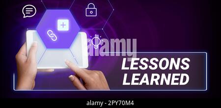 Affiche les leçons apprises. Présentation de l'entreprise promouvoir le partage et l'utilisation des connaissances issues de l'expérience Banque D'Images