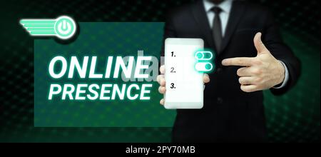 Affichage conceptuel présence en ligne. Vue d'ensemble de l'entreprise existence d'une personne qui peut être trouvée par une recherche en ligne Banque D'Images