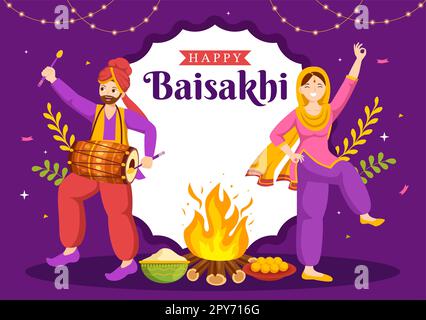 Happy Baisakhi Illustration avec Vaisakhi Punjabi Spring Harvest Festival of Sikh célébration dans Flat Cartoon dessiné à la main pour Landing page Templates Banque D'Images