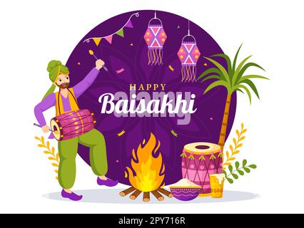 Happy Baisakhi Illustration avec Vaisakhi Punjabi Spring Harvest Festival of Sikh célébration dans Flat Cartoon dessiné à la main pour Landing page Templates Banque D'Images