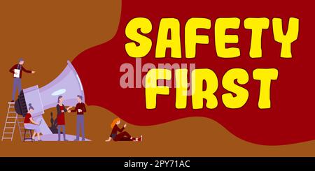 Légende présentant la sécurité d'abord. Approche commerciale éviter tout risque inutile en direct soyez prudent soyez attentif Banque D'Images