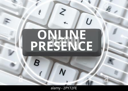 Affiche textuelle indiquant la présence en ligne. Idée d'affaires existence de quelqu'un qui peut être trouvé par une recherche en ligne Banque D'Images