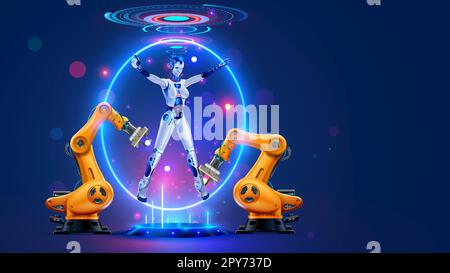 Robot cyborg avec assemblage ai en usine. Automatisation de la fabrication, industrie 4,0 concept. L'intelligence artificielle contrôle les bras robotiques industriels Illustration de Vecteur