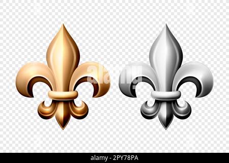 Vector 3D Realistic Golden and Silver Fleur de LIS Set. Collection Heraldic Lily, vue de face. Illustration vectorielle. Banque D'Images