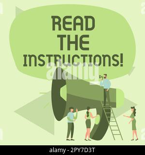 Écriture du texte affiché Lisez les instructions. Mot écrit sur lire attentivement quelque chose que quelqu'un vous dit de faire Banque D'Images