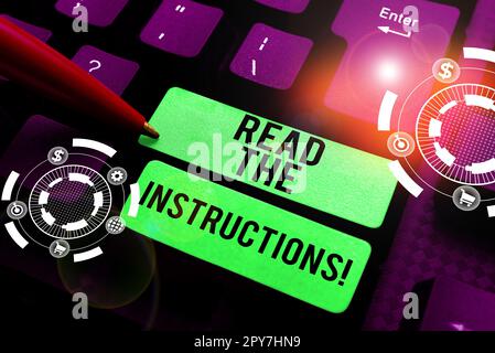 Texte d'écriture Lisez les instructions. Mot écrit sur lire attentivement quelque chose que quelqu'un vous dit de faire Banque D'Images