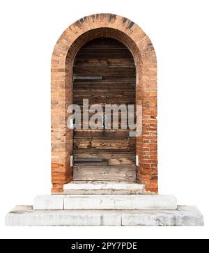 portes en bois d'époque avec arche classique en brique et grands escaliers en marbre en pierre isolés sur blanc Banque D'Images