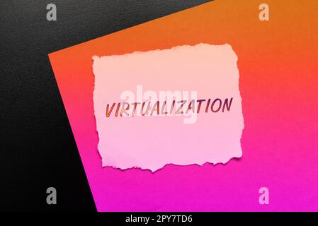Affiche affichant la virtualisation. Présentation commerciale de l'application de l'environnement virtuel aux jeux informatiques Banque D'Images