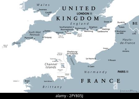 Chaîne anglaise, carte politique grise. La Manche britannique, bras de l'océan Atlantique, sépare l'Angleterre de la France. Zone d'expédition la plus achalandée au monde. Banque D'Images