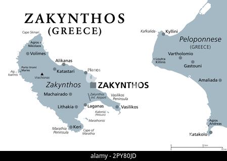 Zakynthos, île grecque, carte politique grise. Également Zakinthos ou Zante, une partie des îles Ioniennes de Grèce, et une unité régionale séparée. Banque D'Images