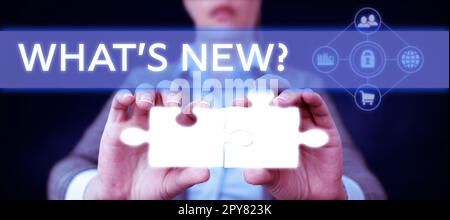 Affiche textuelle indiquant les nouveautés. Mot pour demander à propos des dernières mises à jour tendances nouvelles Banque D'Images