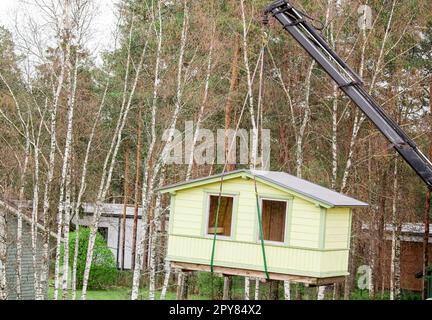 Grue soulevant la petite maison à l'extérieur au printemps dans la nature. Banque D'Images