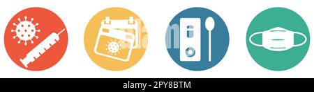 Bannière Covid-19 : icônes virus, seringue, Calendrier, Test rapide et masque facial Banque D'Images