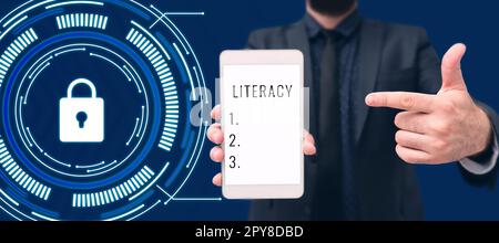 Affiche indiquant l'alphabétisation. Capacité de vitrine de l'entreprise à lire et écrire des compétences ou des connaissances dans un domaine spécifique Banque D'Images