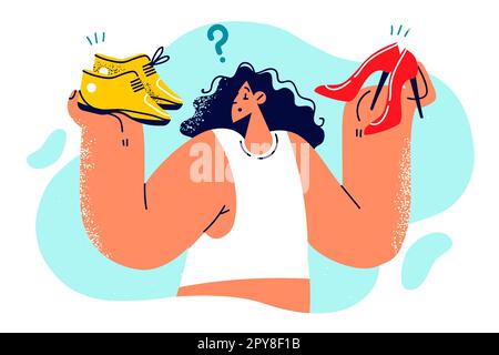 Une femme choisit entre des baskets et des chaussures à talons hauts à porter pour une partie de sport ou une fête à la mode. La fille shopping trouve difficile de choisir des chaussures W Banque D'Images